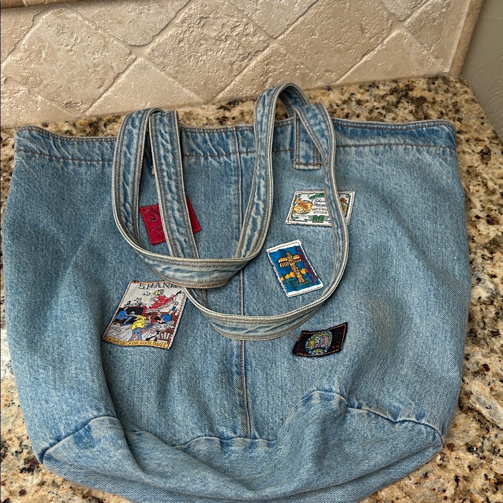 Vintage Hand Crafted Denim Tote with Colorful Patches - Picture 5 of 15